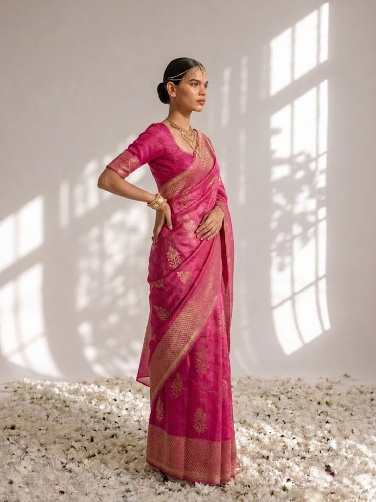Dhiyona ST Fuchsia Pure Silk Kota Printed Saree with Blouse Fabric