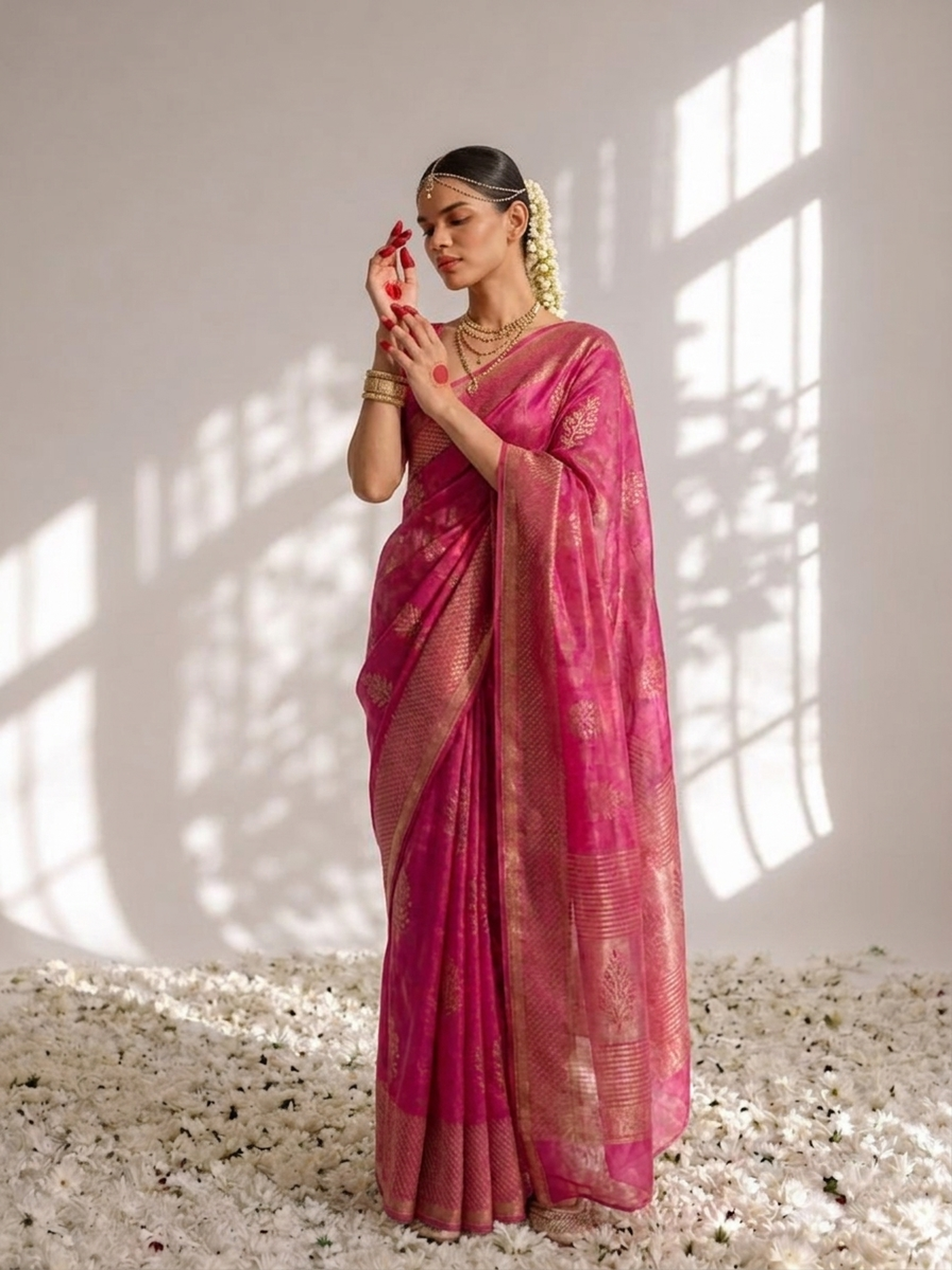 Dhiyona ST Fuchsia Pure Silk Kota Printed Saree with Blouse Fabric