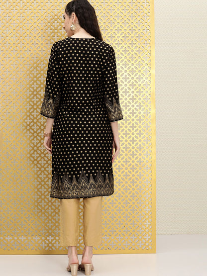 Dhiyona OD  Women Black Ethnic Motifs Printed V-Neck Straight Rozana Kurta