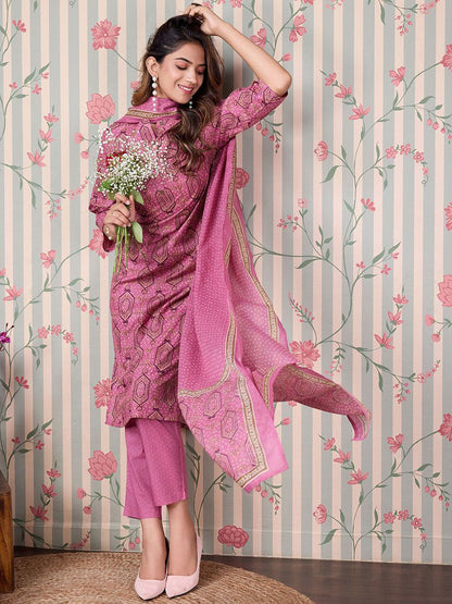 Dhiyona OD  Floral Printed Regular Pure Cotton Kurta with Trousers & Dupatta
