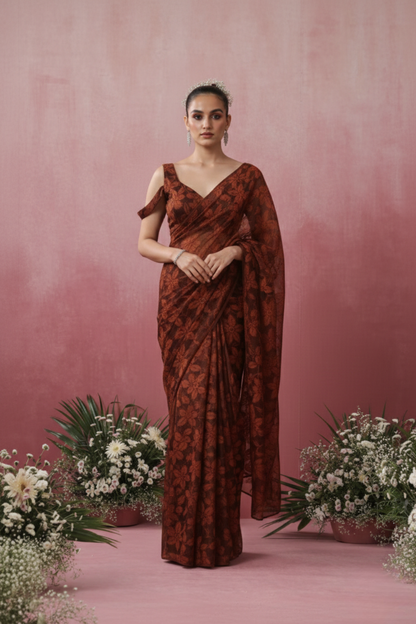 Dhiyona ST Chocolate Leaf Lace Saree with plain Blouse Fabric
