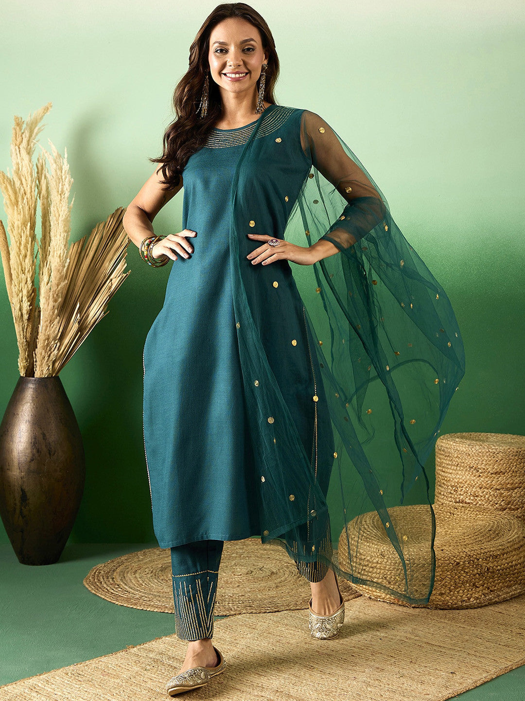 Sequence Work Straight Kurta With Trouser & Dupatta