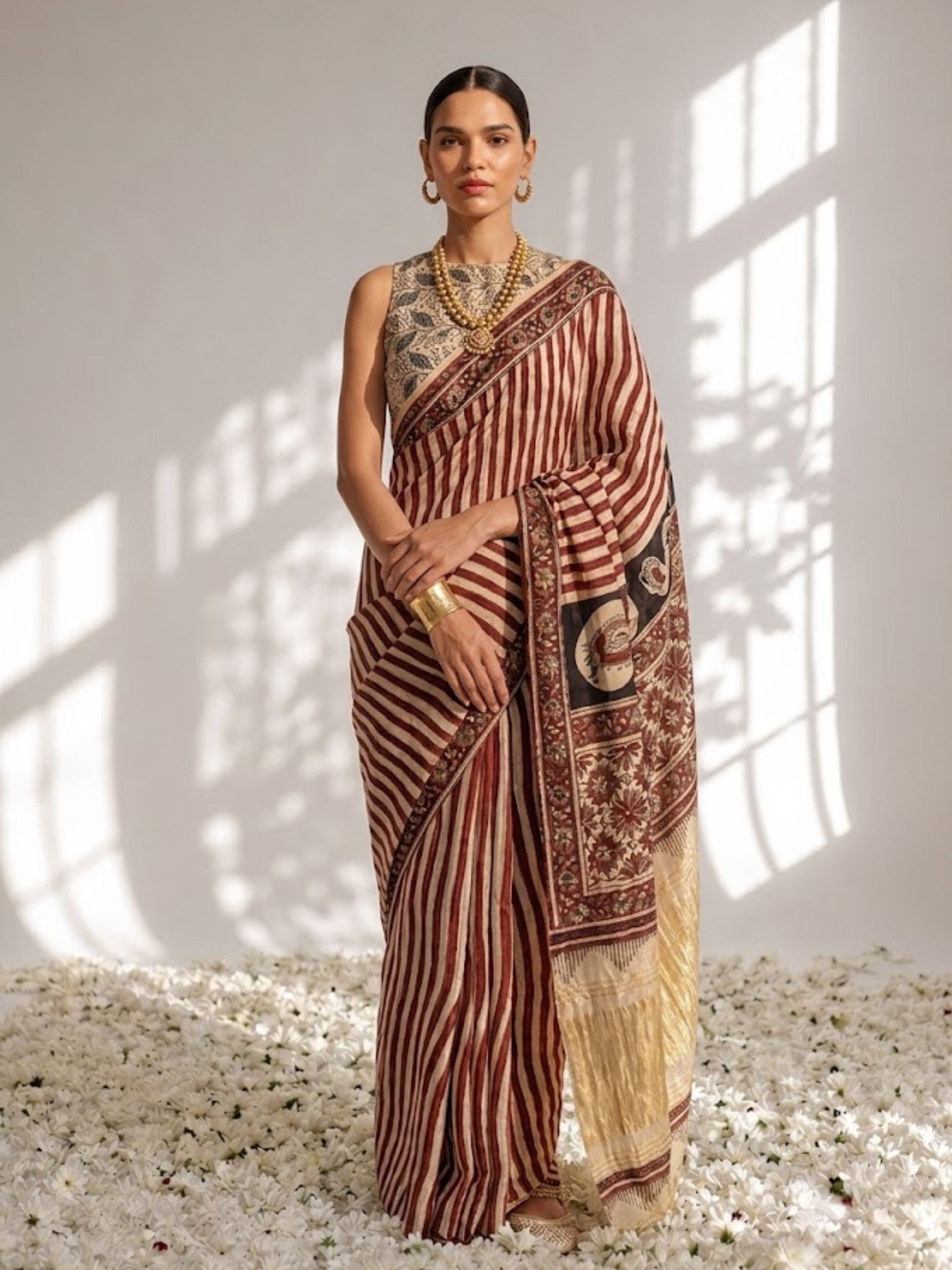 Dhiyona ST Gajji Silk Hand Block Red Stripe Printed Saree with Blouse Fabric