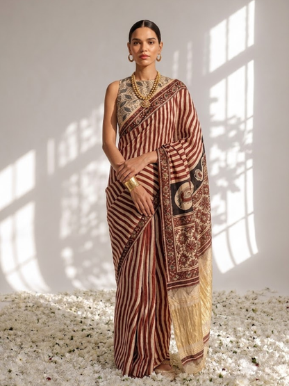 Dhiyona ST Gajji Silk Hand Block Red Stripe Printed Saree with Blouse Fabric
