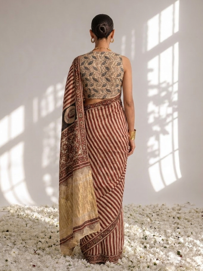 Dhiyona ST Gajji Silk Hand Block Red Stripe Printed Saree with Blouse Fabric