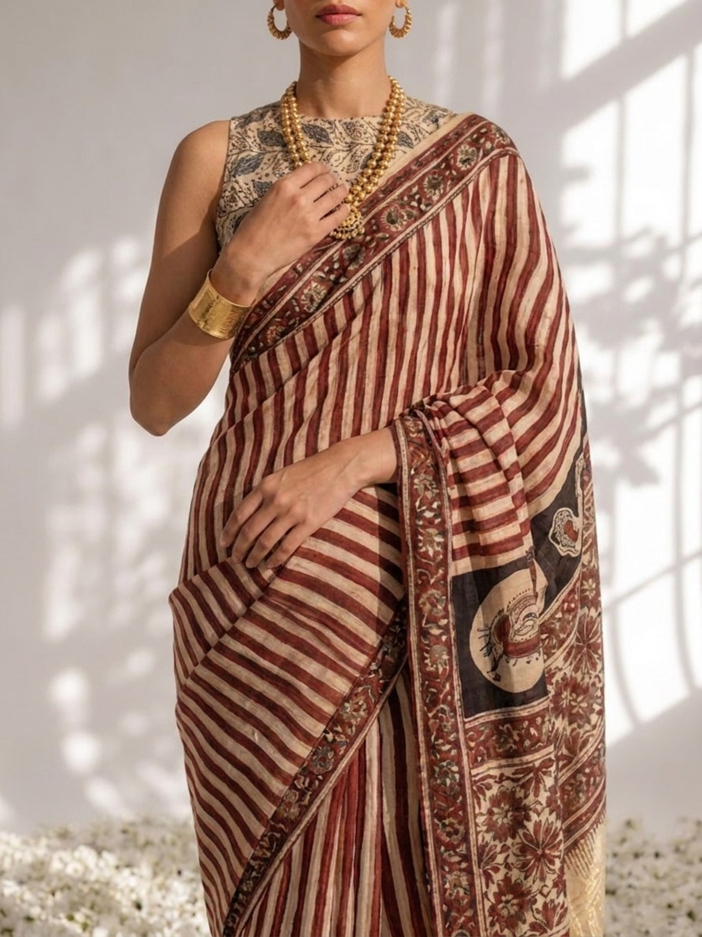 Dhiyona ST Gajji Silk Hand Block Red Stripe Printed Saree with Blouse Fabric