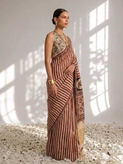Dhiyona ST Gajji Silk Hand Block Red Stripe Printed Saree with Blouse Fabric