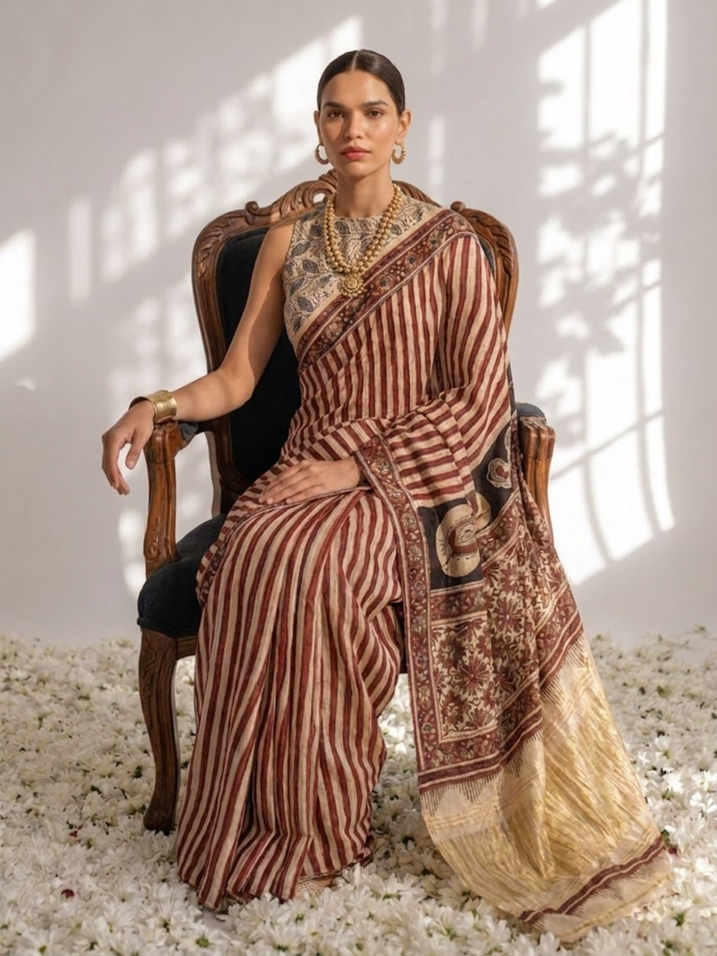 Dhiyona ST Gajji Silk Hand Block Red Stripe Printed Saree with Blouse Fabric