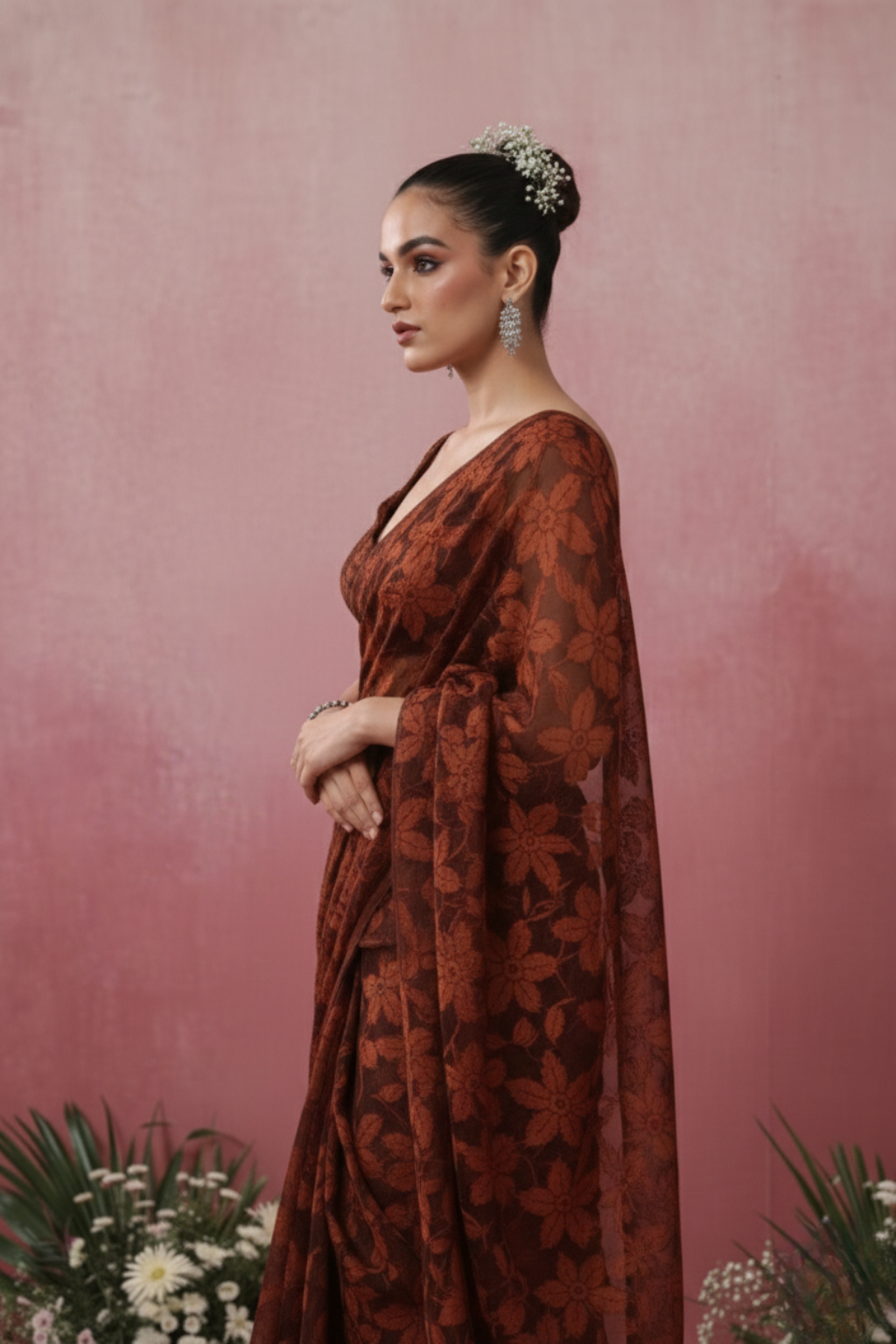 Dhiyona ST Chocolate Leaf Lace Saree with plain Blouse Fabric