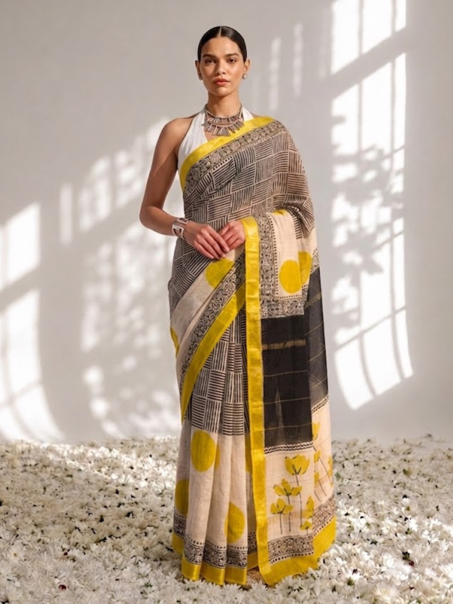 Dhiyona ST Maheshwari Silk Hand Block Black Yellow Printed Saree with Blouse Fabric