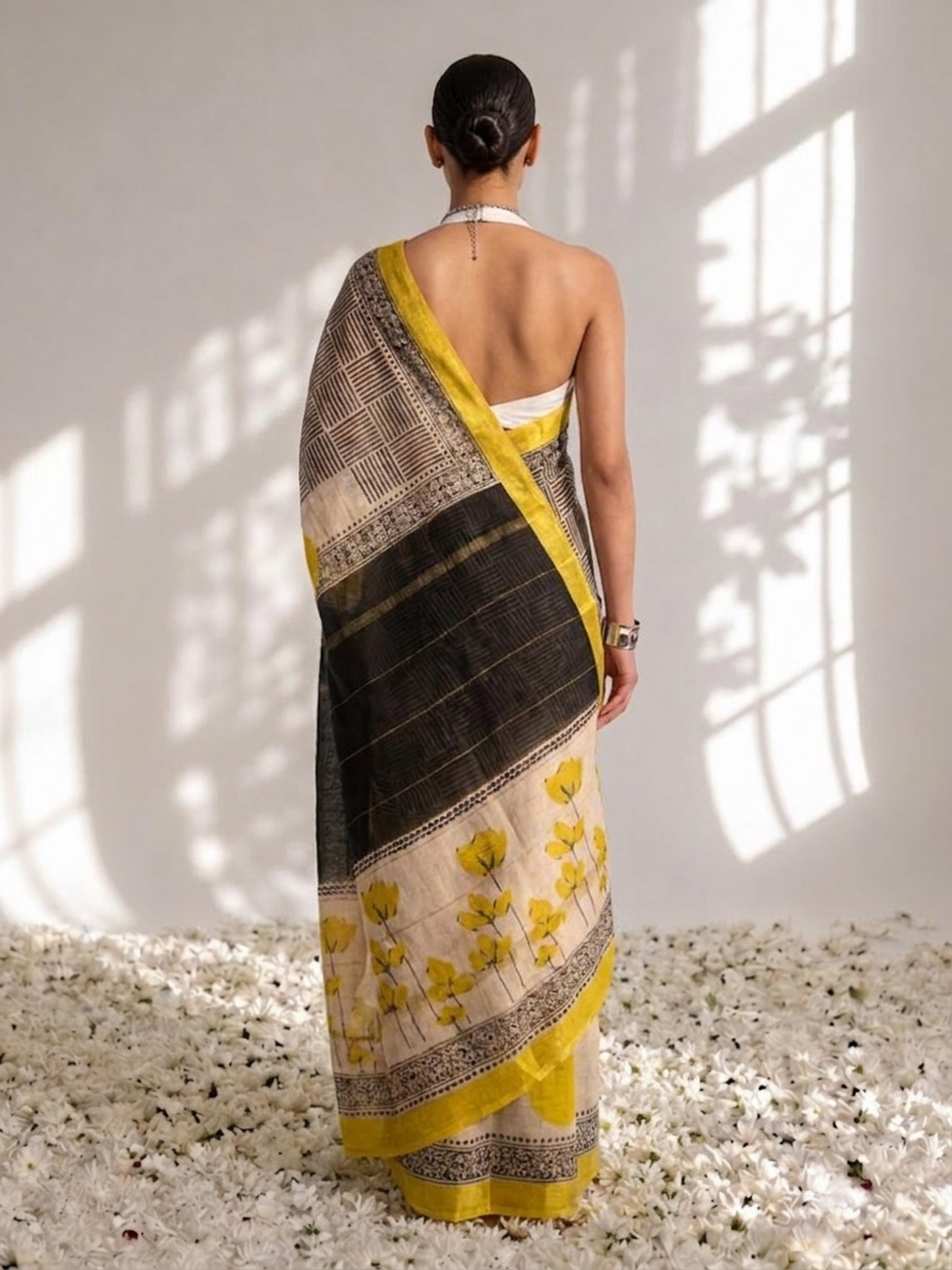 Dhiyona ST Maheshwari Silk Hand Block Black Yellow Printed Saree with Blouse Fabric