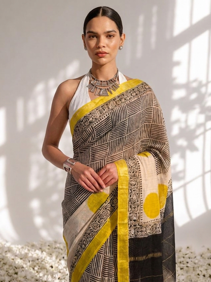 Dhiyona ST Maheshwari Silk Hand Block Black Yellow Printed Saree with Blouse Fabric