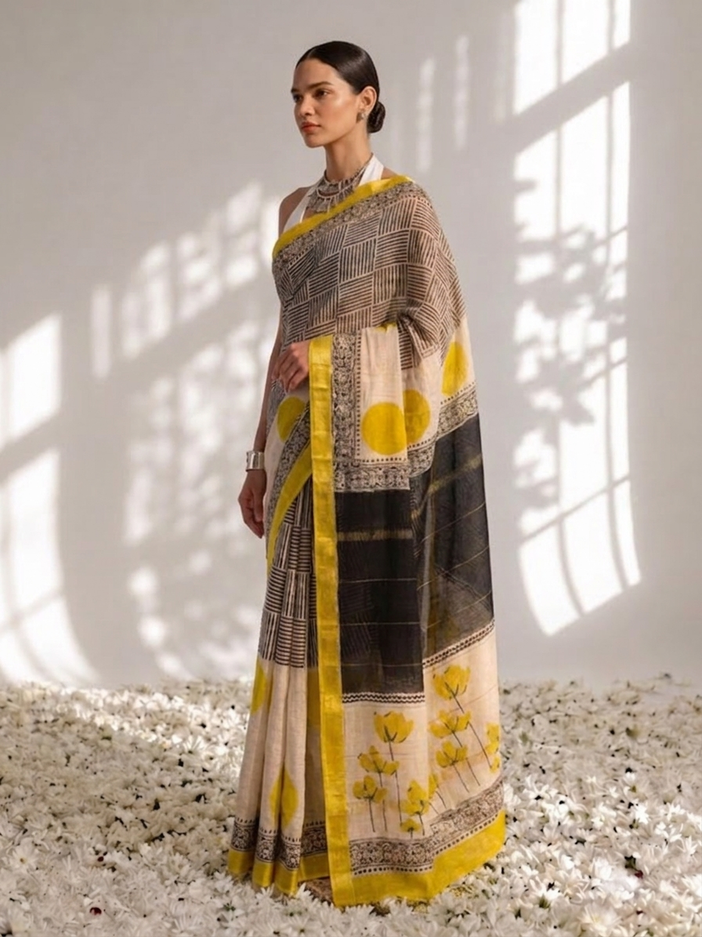 Dhiyona ST Maheshwari Silk Hand Block Black Yellow Printed Saree with Blouse Fabric