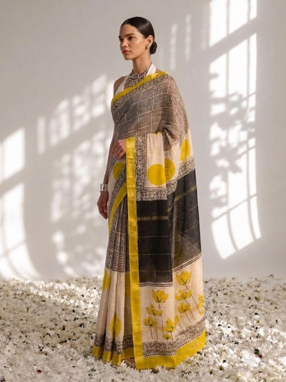 Dhiyona ST Maheshwari Silk Hand Block Black Yellow Printed Saree with Blouse Fabric