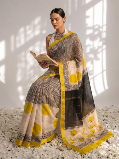 Dhiyona ST Maheshwari Silk Hand Block Black Yellow Printed Saree with Blouse Fabric