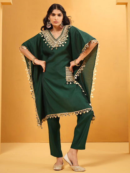Dhiyona IS Women's Women Solid Embroidered Kaftan Kurta with Trousers
