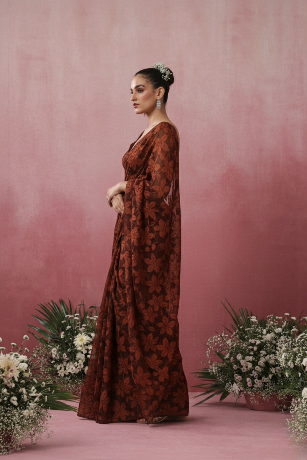 Dhiyona ST Chocolate Leaf Lace Saree with plain Blouse Fabric
