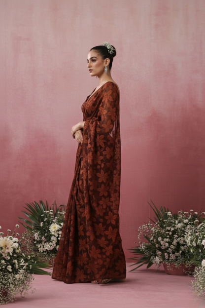 Dhiyona ST Chocolate Leaf Lace Saree with plain Blouse Fabric