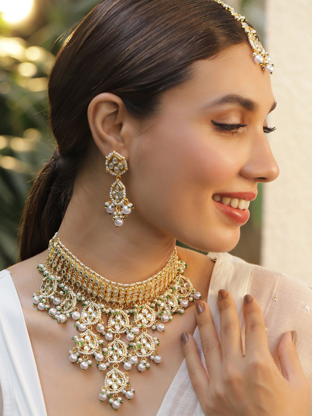 Dhiyona RJ Women's Women 22KT Gold Plated Luxury Kundan Studded White Beaded Choker Necklace Set