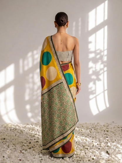 Dhiyona ST Modal Silk Multicolor Hand Block Printed Saree with Blouse Fabric