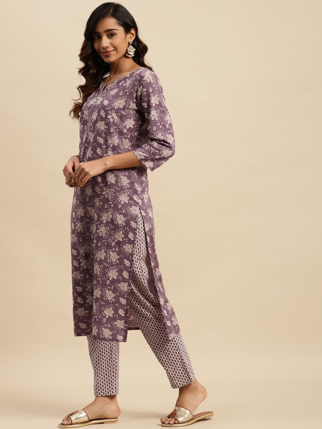 Maroon Floral Printed Pure Cotton Kurta With Trouser & Dupatta