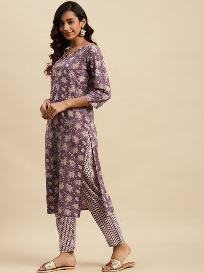 Maroon Floral Printed Pure Cotton Kurta With Trouser & Dupatta
