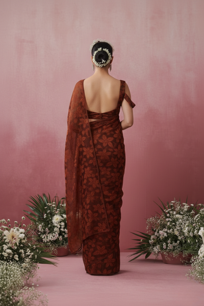 Dhiyona ST Chocolate Leaf Lace Saree with plain Blouse Fabric