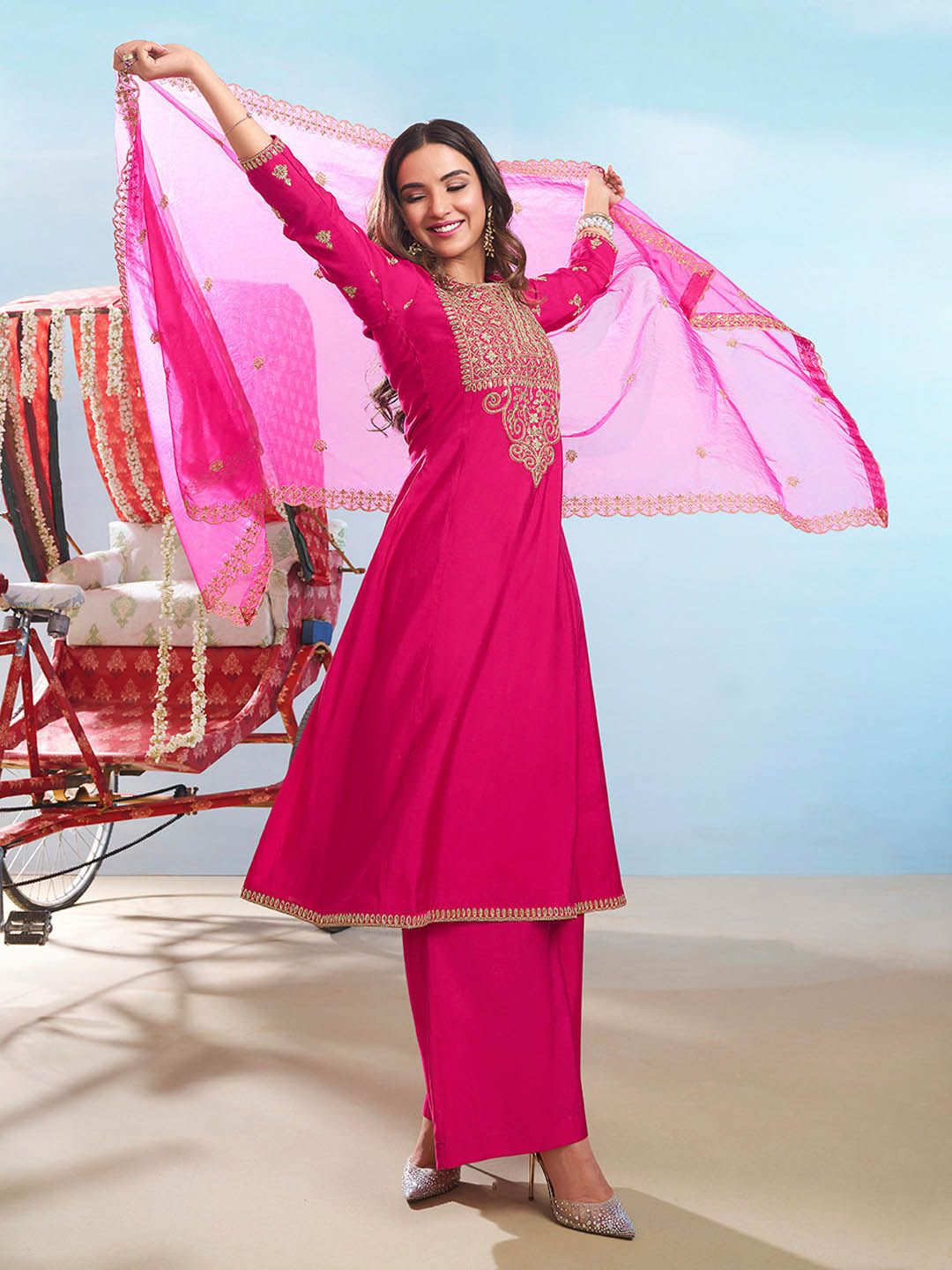 Dhiyona IN Floral Embroidered Round Neck Sequinned Anarkali Kurta With Palazzos & Dupatta