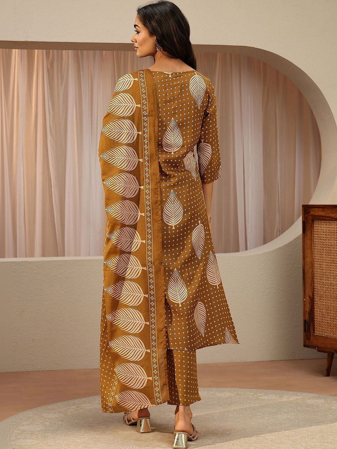 Mustard Floral Printed Cotton Blend Straight Suit Set