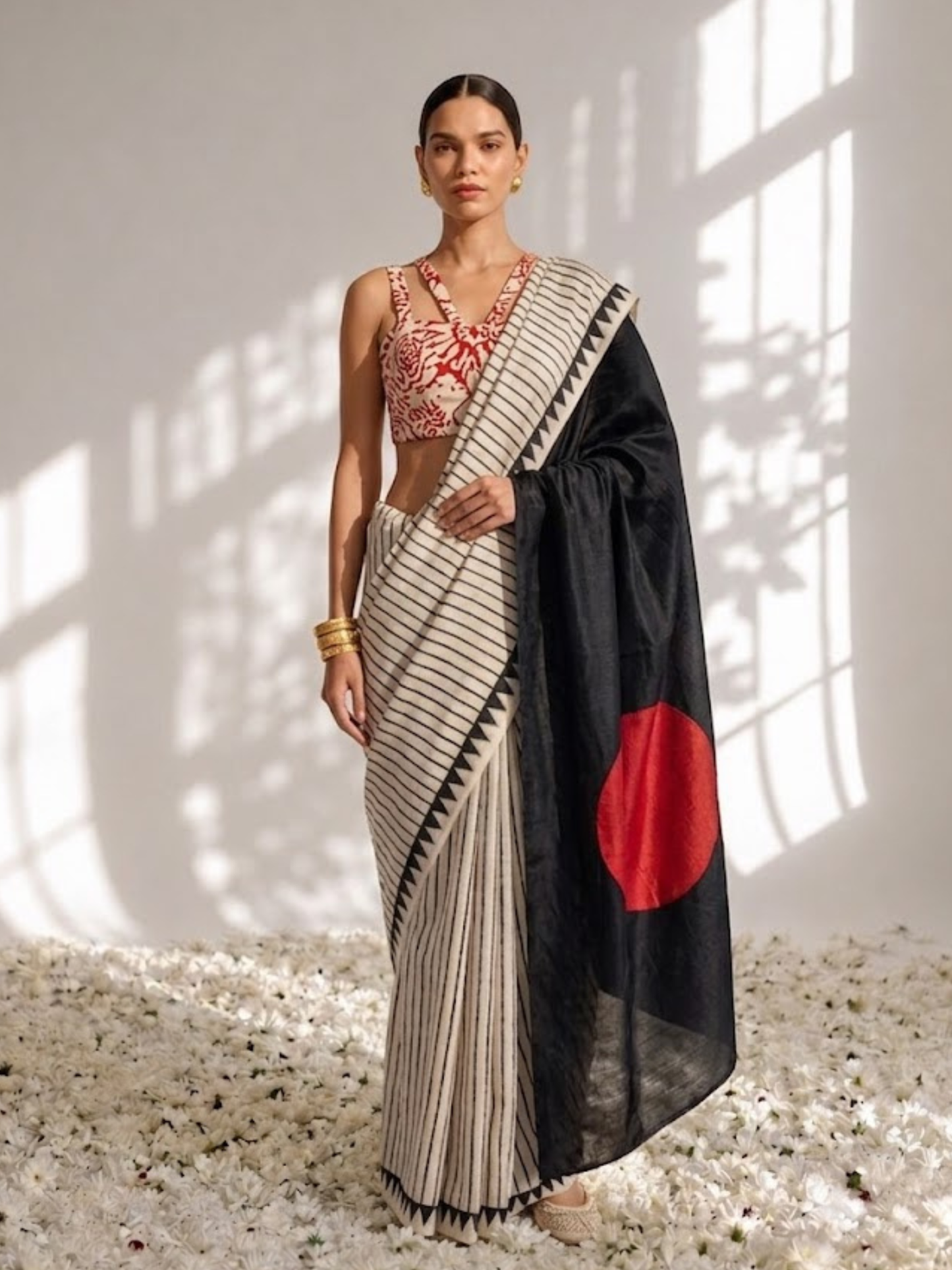Dhiyona ST Modal Silk black white Stripe Hand Block Printed Saree with Red dot pallu and Blouse Fabric