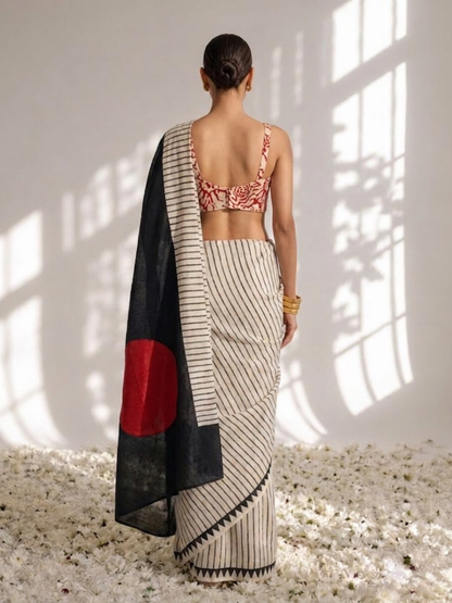 Dhiyona ST Modal Silk black white Stripe Hand Block Printed Saree with Red dot pallu and Blouse Fabric