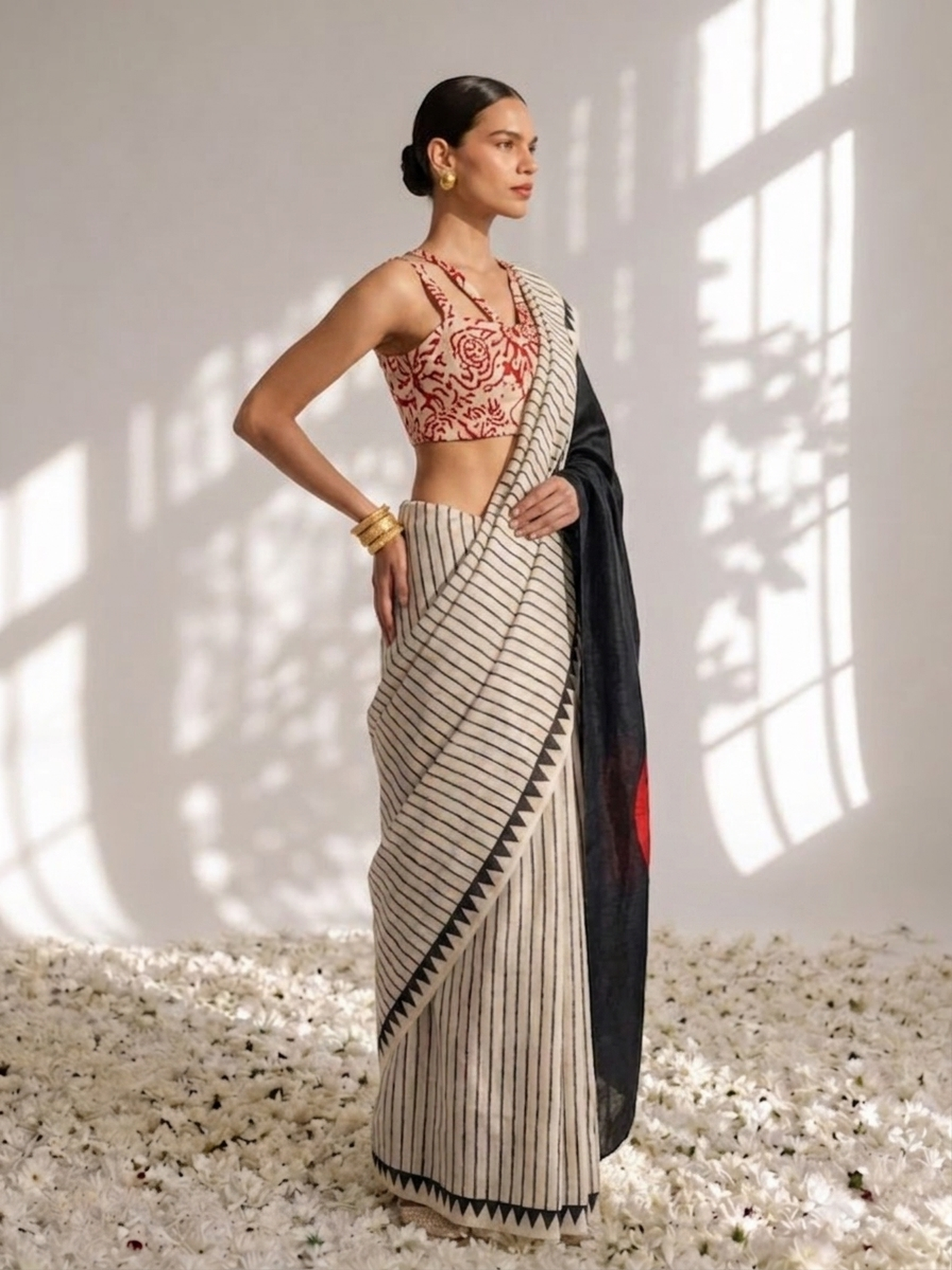 Dhiyona ST Modal Silk black white Stripe Hand Block Printed Saree with Red dot pallu and Blouse Fabric