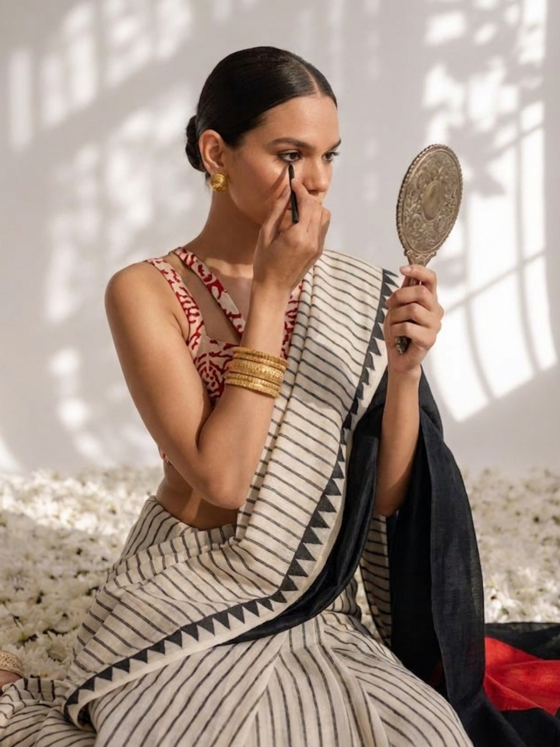 Dhiyona ST Modal Silk black white Stripe Hand Block Printed Saree with Red dot pallu and Blouse Fabric