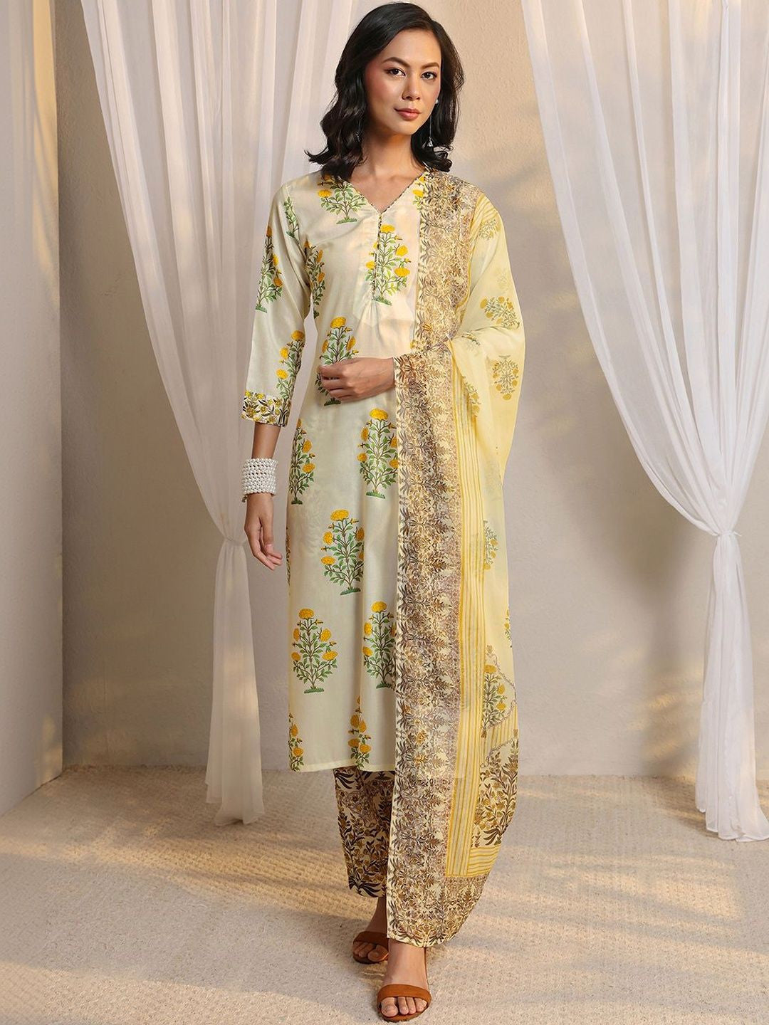 Off White Floral Printed Chanderi Silk Straight Suit Set with Dupatta