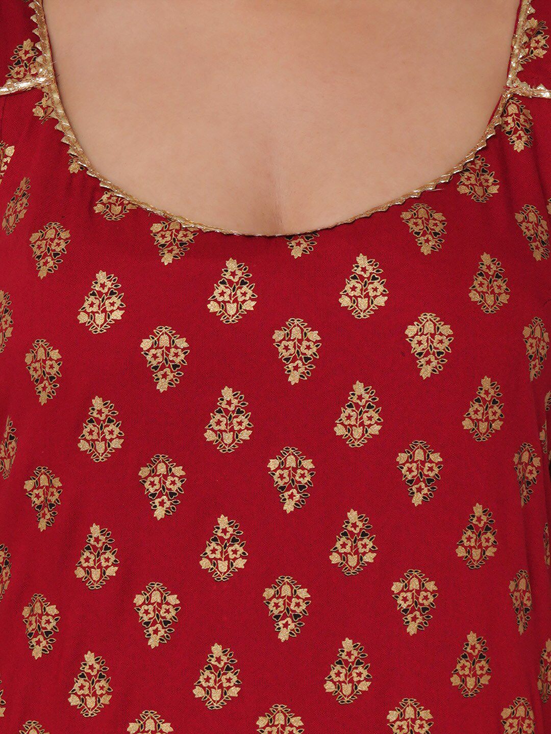 Dhiyona KL Women Red Ethnic Motifs Embroidered Gotta Patti Kurti with Trousers & With Dupatta