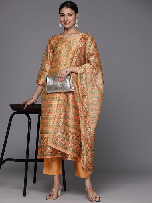 Dhiyona VA Women's Coral Printed Regular Chanderi Silk Kurta with Trousers & With Dupatta