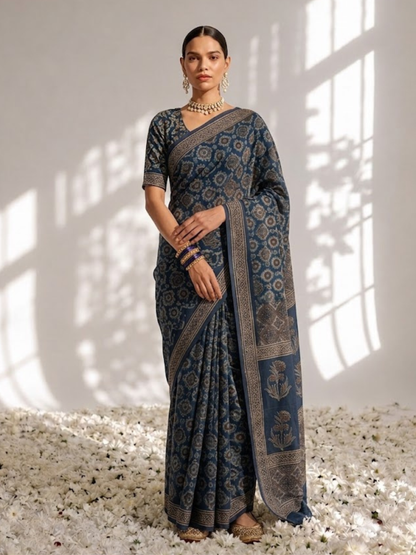 Dhiyona ST Modal Silk blue Printed Hand Block Printed Saree with Blouse Fabric