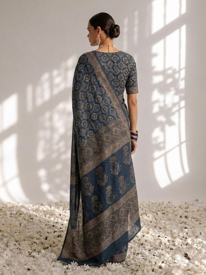 Dhiyona ST Modal Silk blue Printed Hand Block Printed Saree with Blouse Fabric