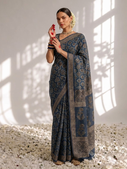 Dhiyona ST Modal Silk blue Printed Hand Block Printed Saree with Blouse Fabric