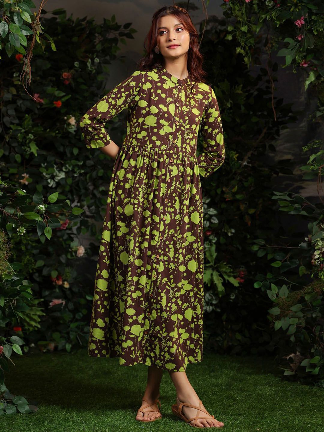 Dhiyona AY Women's Floral Printed Cotton Mandarin Collar Maxi Ethnic Dresses