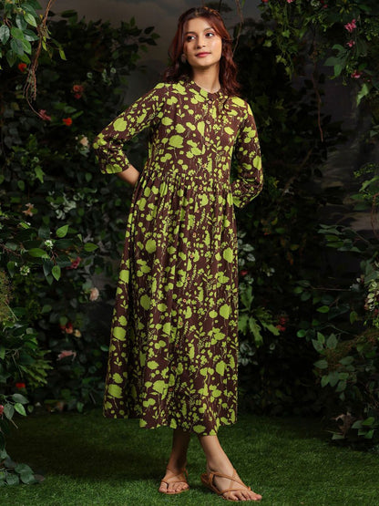 Dhiyona AY Women's Floral Printed Cotton Mandarin Collar Maxi Ethnic Dresses