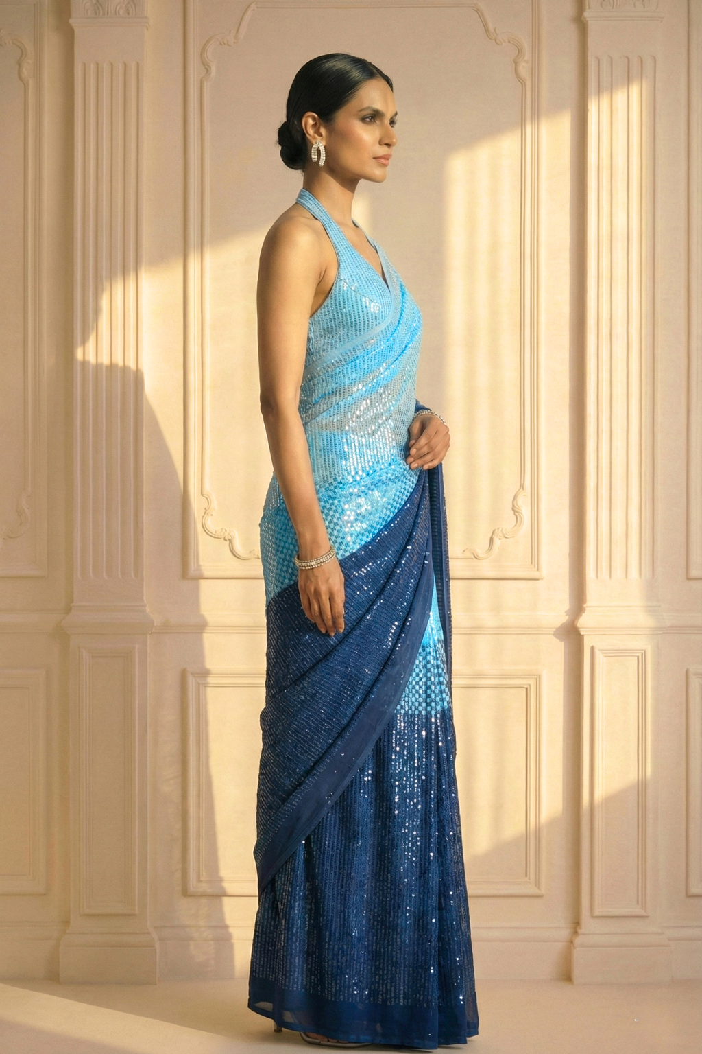 Dhiyona ST Allure Blue Ombre' Knitted Sequin Saree with Blouse Fabric
