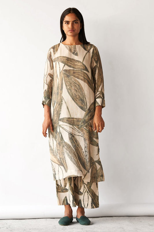 Women's Fog Beige and Green Linen Co-ord Set