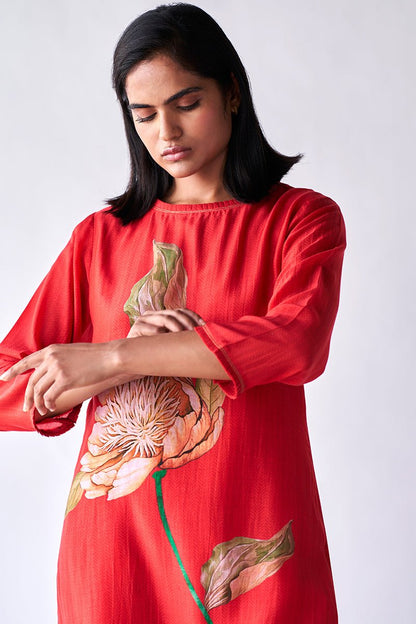 Women's Red Bemberg Silk Co-ord Set