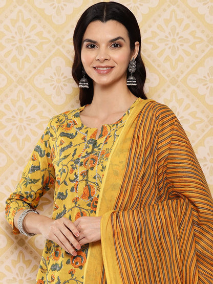 Dhiyona KL Women Floral Printed Regular Pure Cotton Kurta with Trousers & Dupatta