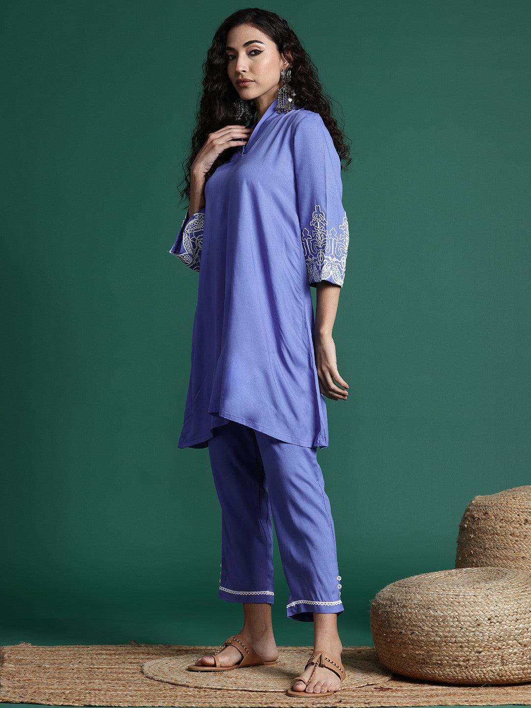 Thread-Work Shawl Collar Kurta with Trousers