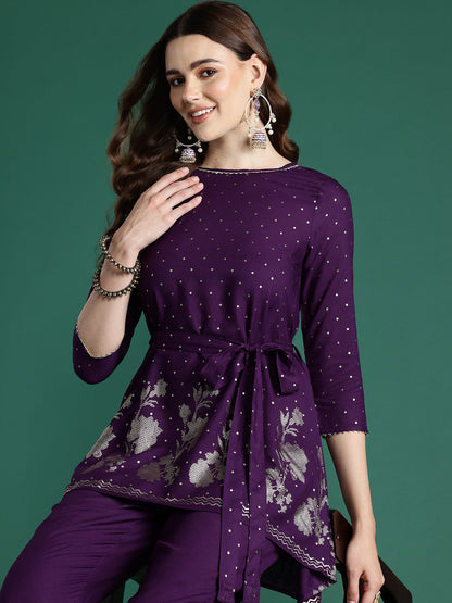 Floral Printed Regular Gotta Patti Kurti With Trousers