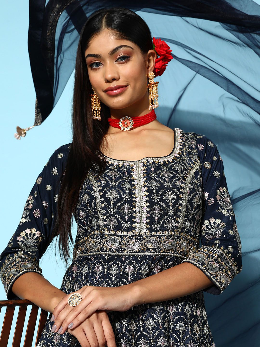 Dhiyona LL Womens Blue Embroidered Silk Anarkali Kurti With Palazzos & Dupatta
