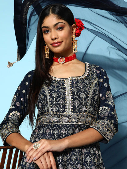 Dhiyona LL Womens Blue Embroidered Silk Anarkali Kurti With Palazzos & Dupatta