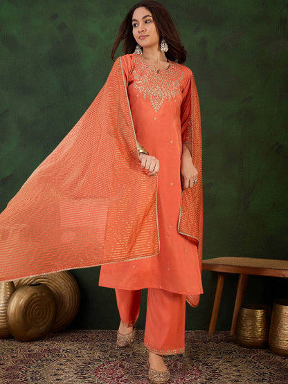 Zari Sequence Embroidered Straight Kurta Set With Dupatta